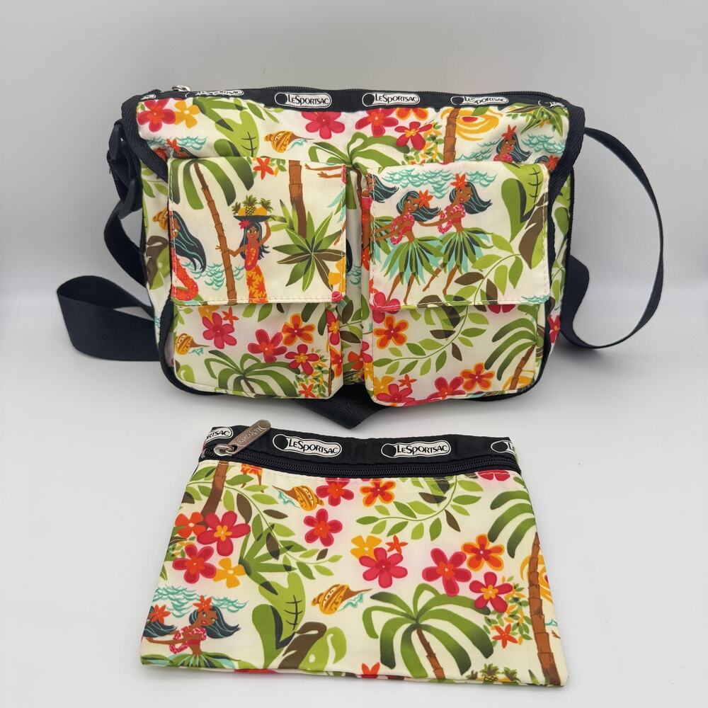 LeSportsac Crossbody Bag Hawaiian Hula Floral Tropical with Matching Pouch Rare